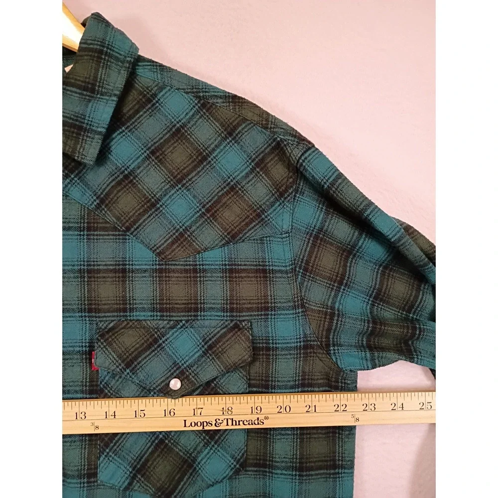 Western Grunge Levis Mens Large Teal Plaid Pearl Snap Flannel Work Shirt L